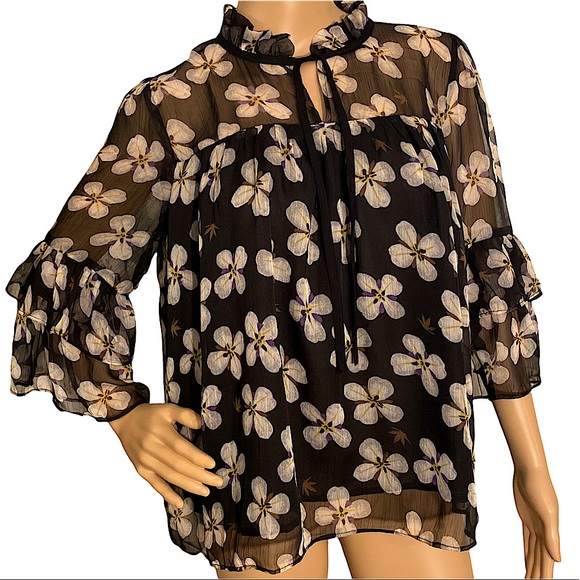 GLAM LOS ANGELES  | SHEER FLORAL BOHO RUFFLE SLEEVE BLOUSE - Picture 1 of 15